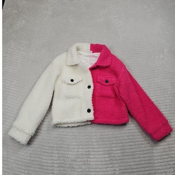 Flannel Shacket Girls 7 Pink & White Color Block Fleece - Picture 1 of 7